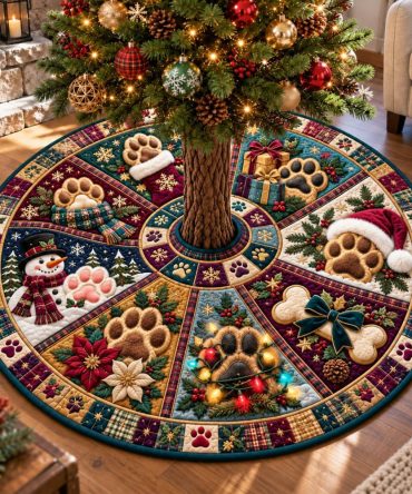 Festive Paws & Snowflakes Christmas Tree Skirt - Custom Pet-Friendly Holiday Mat With Cozy Plush, Machine Washable & Personalization
