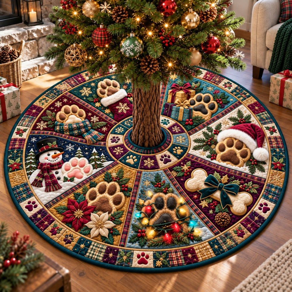 Festive Paws & Snowflakes Christmas Tree Skirt - Custom Pet-Friendly Holiday Mat With Cozy Plush, Machine Washable & Personalization