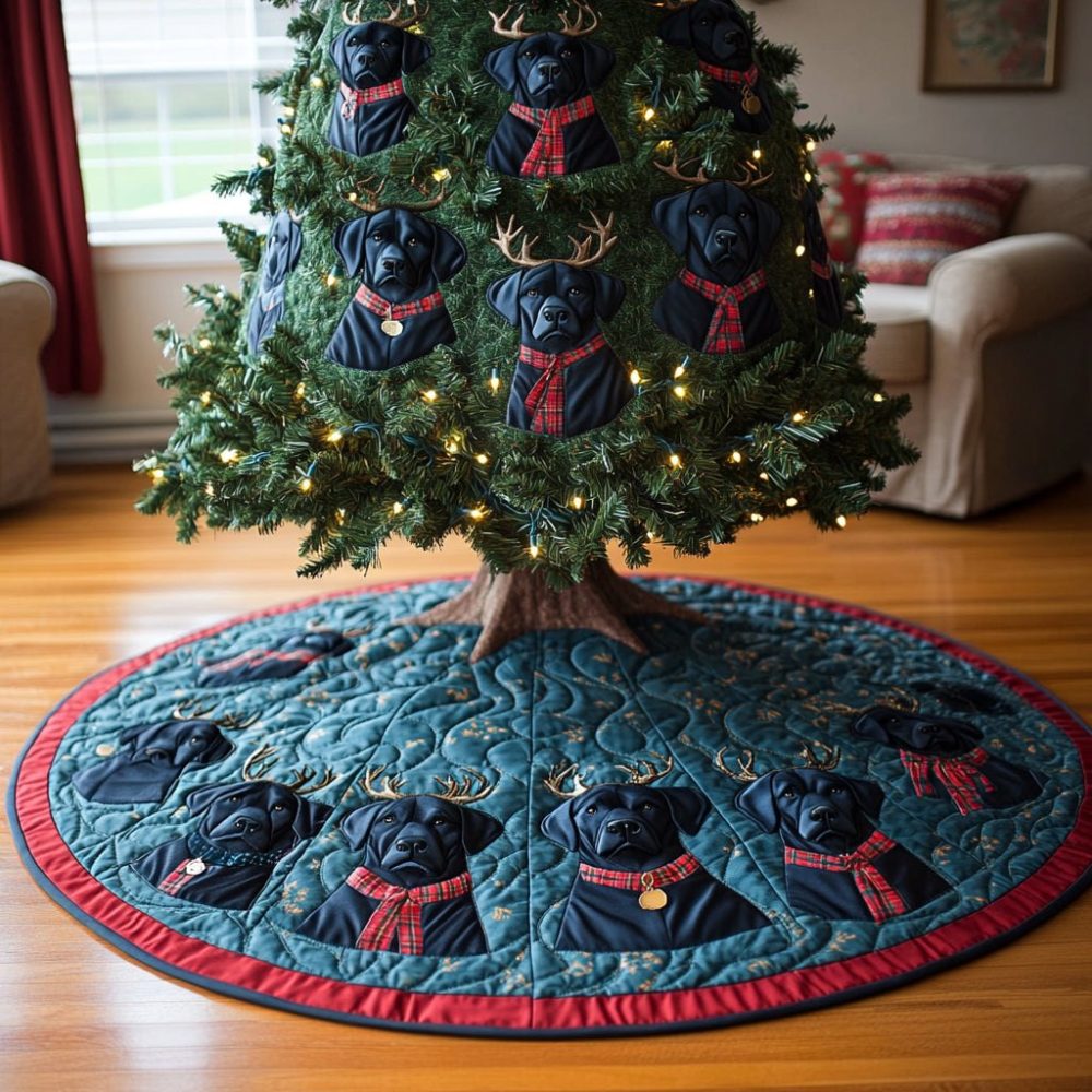 Black Labrador Dogs In Red Collars Tree Skirt — Elegant Pet-Themed Christmas Base Cover, Soft Velour Backing, Custom Sizes Available