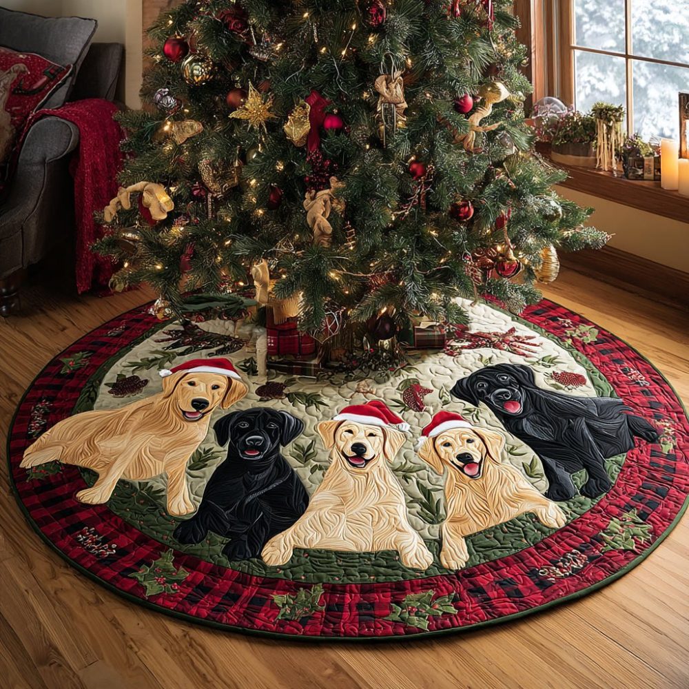 Three Labrador Friends In Santa Hats Holiday Tree Skirt — Playful Dog Design, Plush Backing, Durable Holiday Base Cover With Custom Sizing