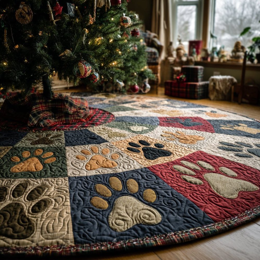 Patchwork Paw Print Squares Tree Skirt — Colorful Pet-Themed Quilt, Soft Lining, Handcrafted Holiday Tree Base Cover, Custom Fit Options