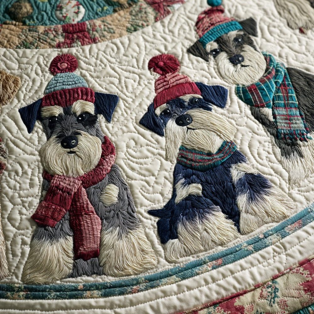 Schnauzers In Festive Bobble Hats Holiday Tree Skirt — Charming Dog Portraits, Soft Quilted Backing, Custom Sizing For Pet Lovers' Trees