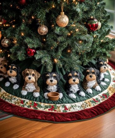 Playful Schnauzer Pups At The Bowl Holiday Tree Skirt — Cute Canine Scene, Durable Cotton Blend, Personalized Size Options For Christmas
