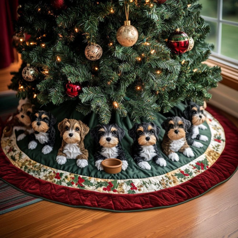 Playful Schnauzer Pups At The Bowl Holiday Tree Skirt — Cute Canine Scene, Durable Cotton Blend, Personalized Size Options For Christmas