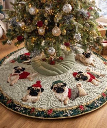 Adorable Pugs In Red Sweaters Holiday Tree Skirt — Pet-Themed Christmas Decor, Soft Washable Fabric, Custom Fit For Dog Lovers