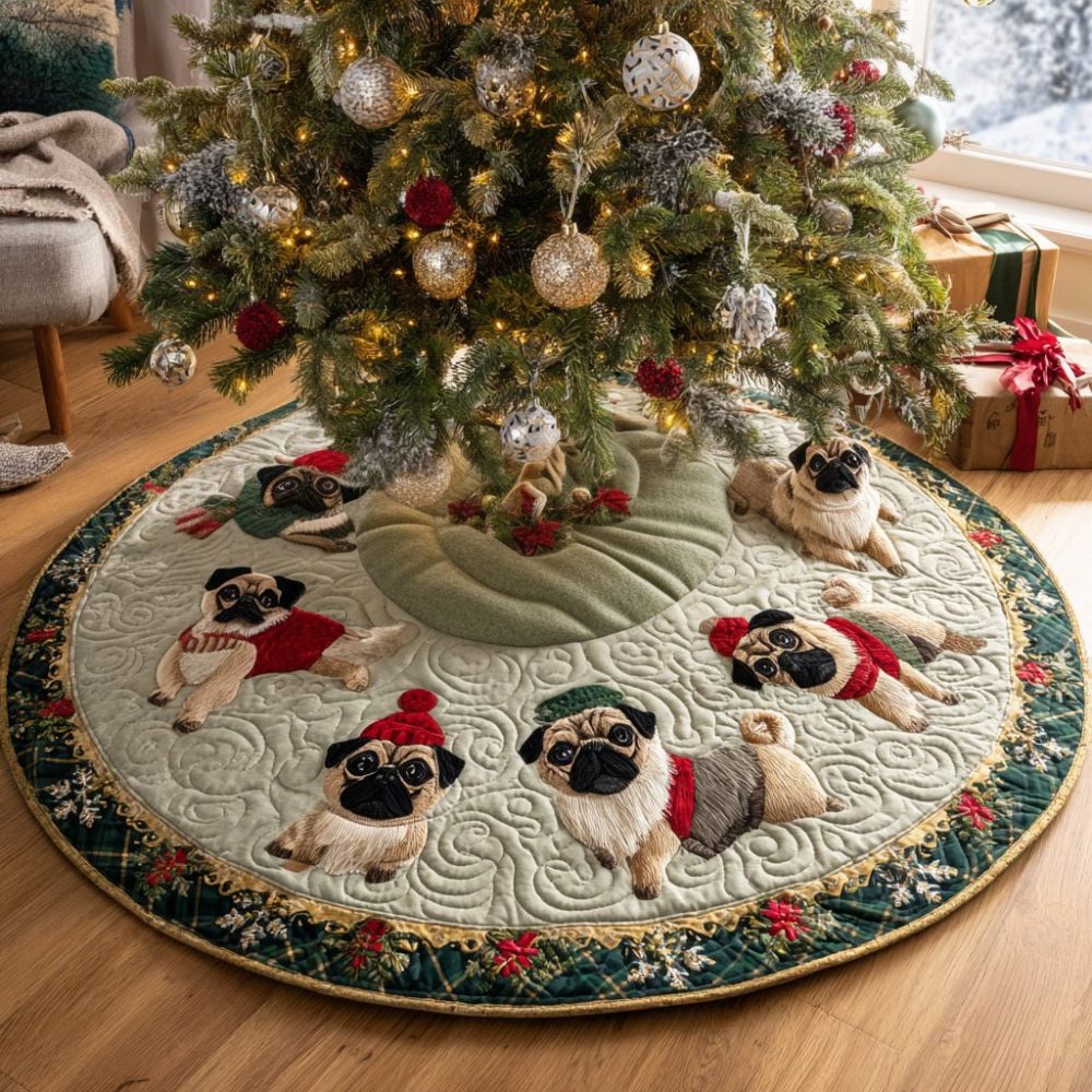 Adorable Pugs In Red Sweaters Holiday Tree Skirt — Pet-Themed Christmas Decor, Soft Washable Fabric, Custom Fit For Dog Lovers