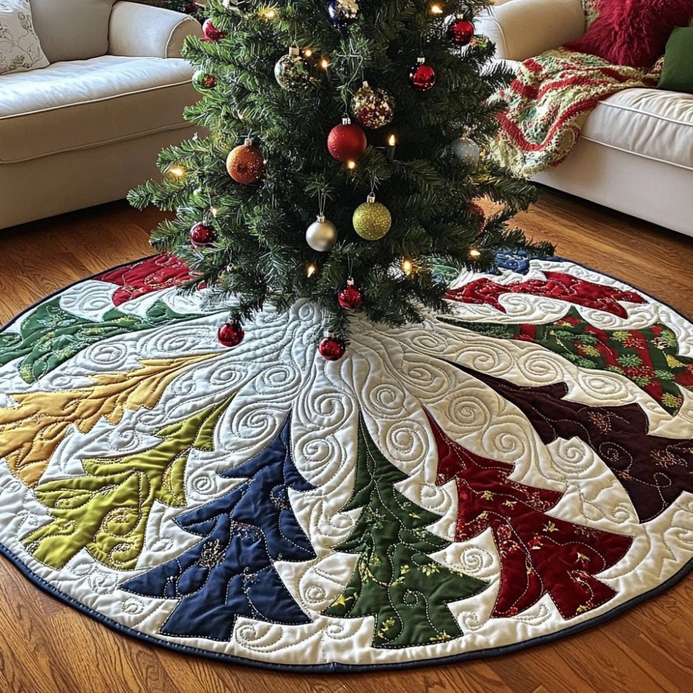 Elegant Pine Christmas Tree Skirt - Premium Embroidered Conifer Motif On Velvet, Custom Dimensions, Handcrafted Made-To-Order