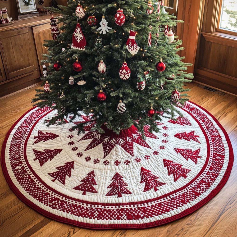 Rustic Pine Christmas Tree Skirt - Handcrafted Green Needle Print On Plush Fabric, Custom Sizes & Made-To-Order Seasonal Accent