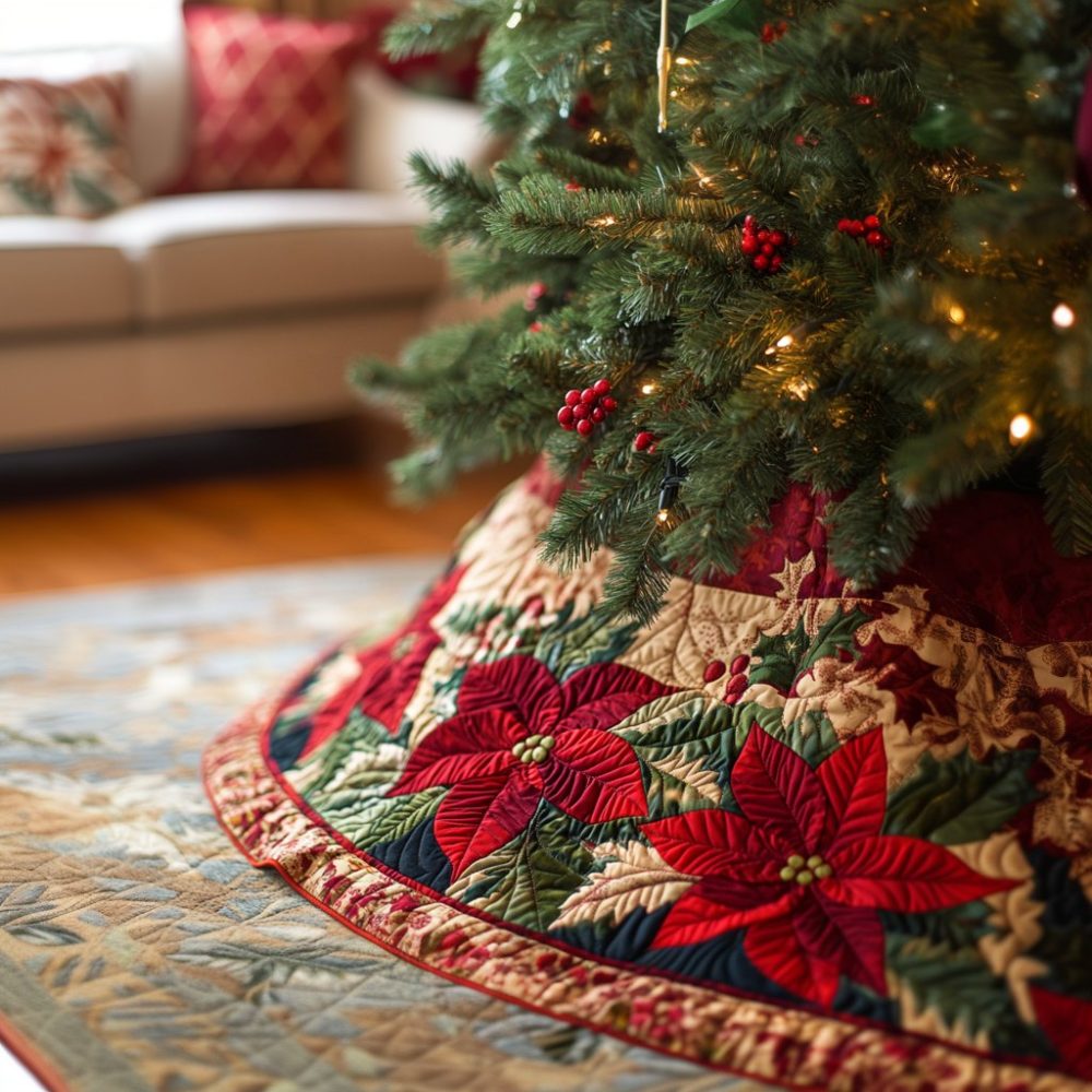Luxury Poinsettia Christmas Tree Skirt - Handcrafted Red Velvet With Embroidered Flowers, Custom Sizes, Made-To-Order Holiday Decor