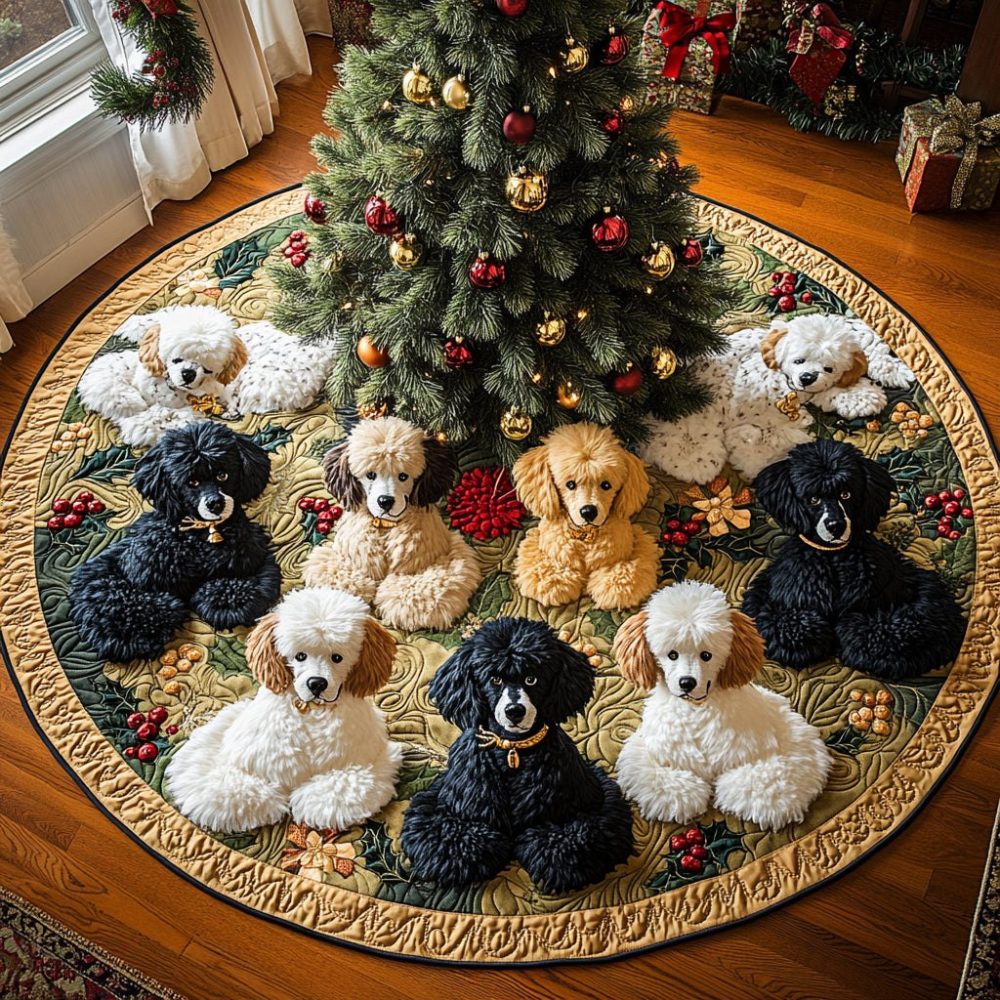 Custom Poodle Joy Christmas Tree Skirt — Elegant Poodle Holiday Skirt, Personalized Embroidery, Handmade And Made-To-Order