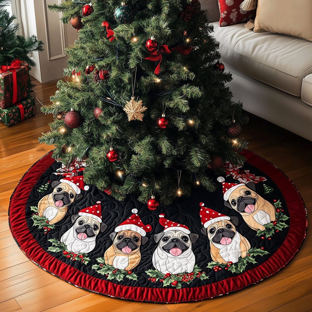 Custom Pug Party Christmas Tree Skirt — Playful Pug Holiday Skirt, Personalized Name Option, Handmade Felt, Made-To-Order