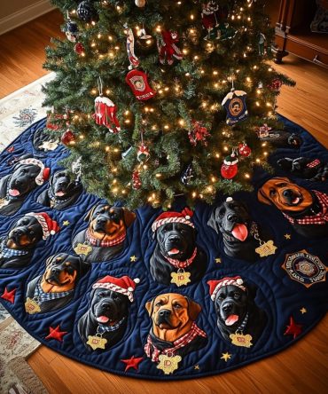 Custom Rottie Proud Christmas Tree Skirt — Rottweiler Holiday Skirt With Proud Motif, Personalized Name, Handmade, Made-To-Order