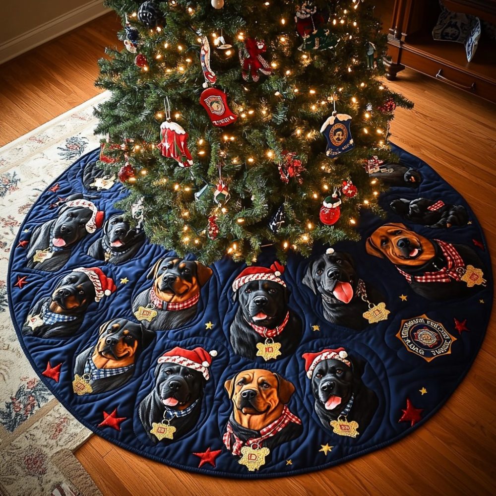 Custom Rottie Proud Christmas Tree Skirt — Rottweiler Holiday Skirt With Proud Motif, Personalized Name, Handmade, Made-To-Order