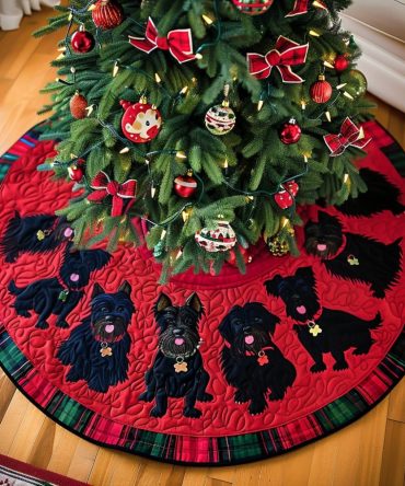 Custom Scottie Joy Christmas Tree Skirt — Personalized Scottish Terrier Holiday Skirt, Handmade Embroidery, Made-To-Order Gift
