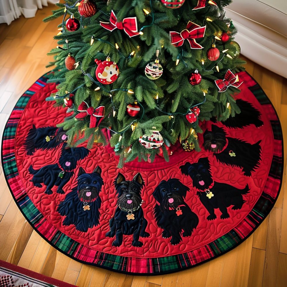 Custom Scottie Joy Christmas Tree Skirt — Personalized Scottish Terrier Holiday Skirt, Handmade Embroidery, Made-To-Order Gift