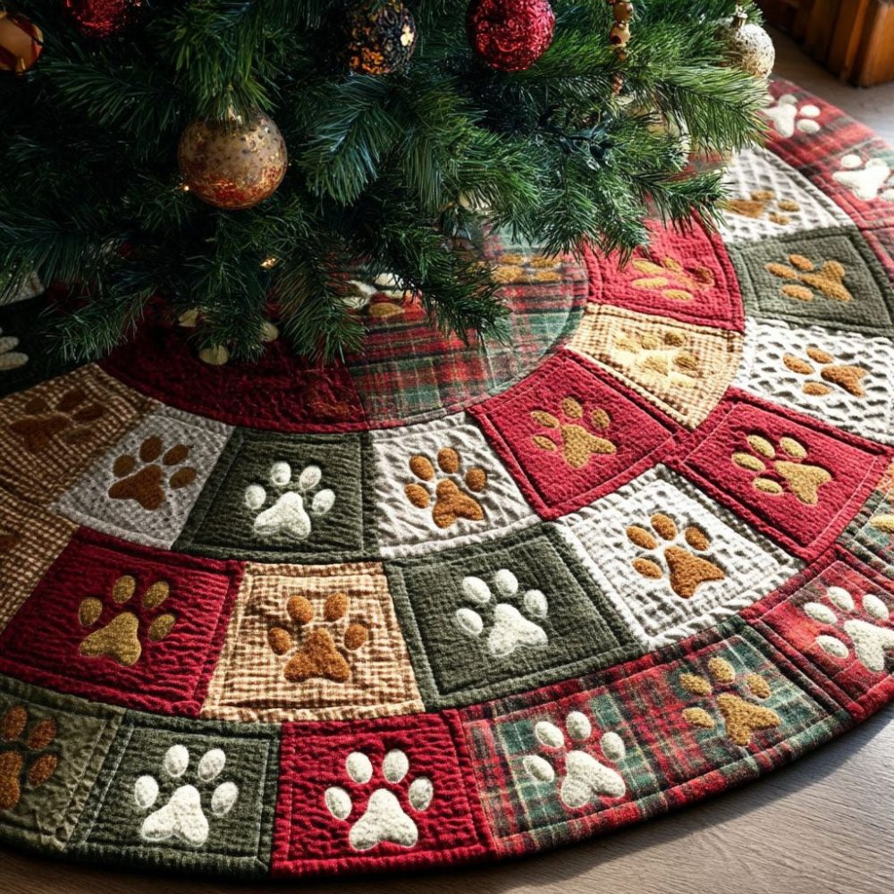 Custom Tracks Pattern Christmas Tree Skirt — Modern Holiday Skirt With Bold Track Design, Personalized, Handmade And Made-To-Order
