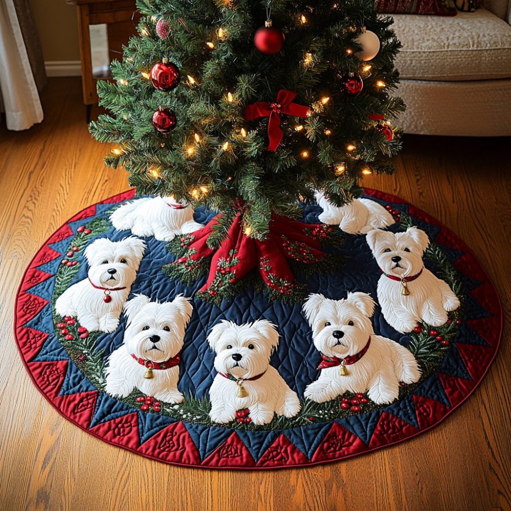 Westies In Poinsettia Ring Tree Skirt - Made-To-Order Festive Dog-Themed Christmas Skirt With Poinsettia Applique