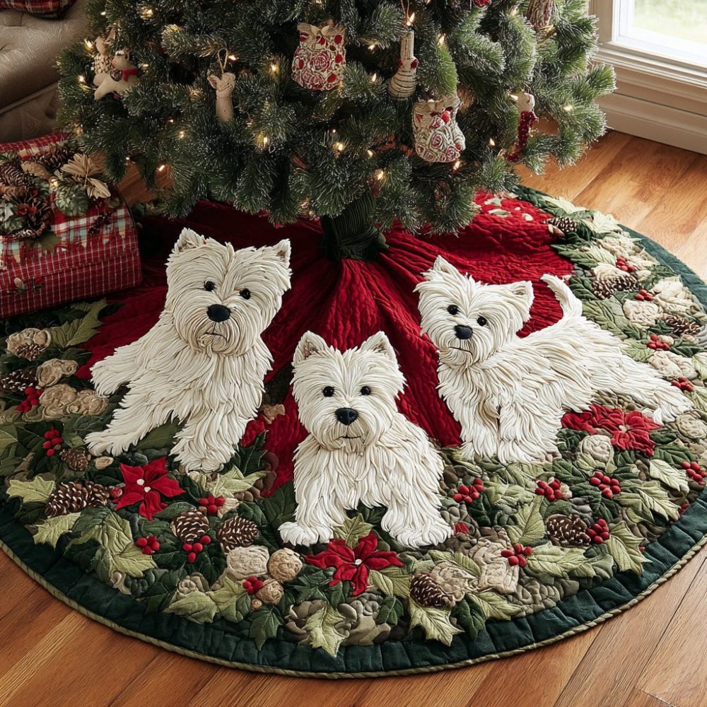 Westie Trio On Winter Red Tree Skirt - Made-To-Order Adorable West Highland Terrier Christmas Skirt, Pet Lover Gift