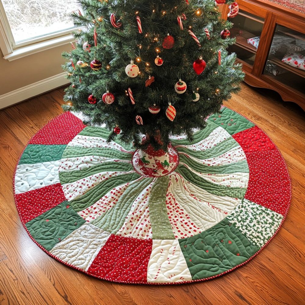 Peppermint Swirl Patchwork Tree Skirt - Made-To-Order Christmas Skirt With Peppermint Motifs, Bright Holiday Floor Accent
