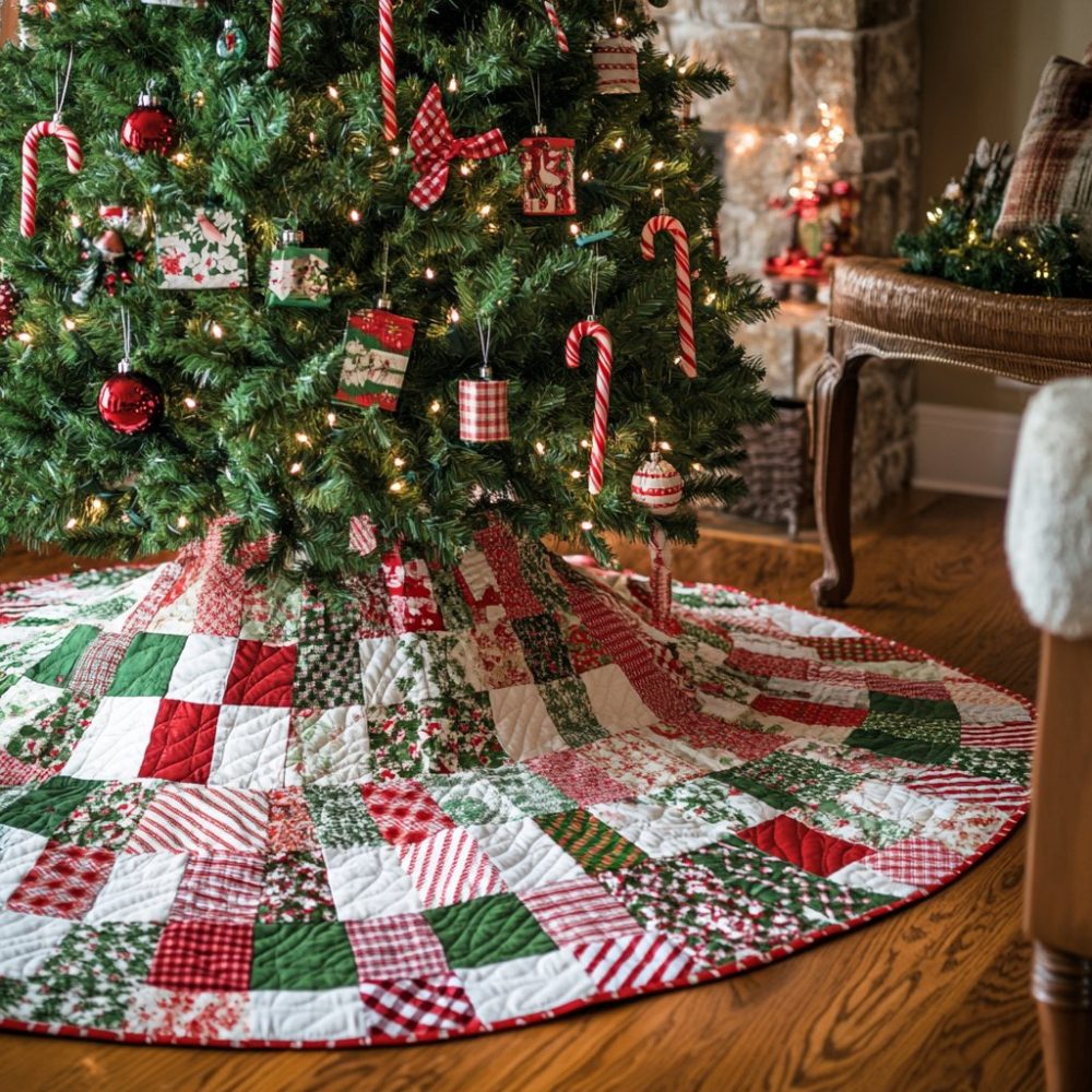 Candy Check Pinwheel Holiday Tree Skirt - Made-To-Order Festive Patchwork Christmas Skirt With Retro Candy Pattern