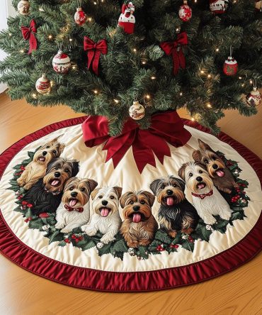 Festive Yorkie Circle Christmas Tree Skirt — Made-To-Order Round Yorkie-Themed Holiday Skirt For Playful, Personalized Seasonal Decor
