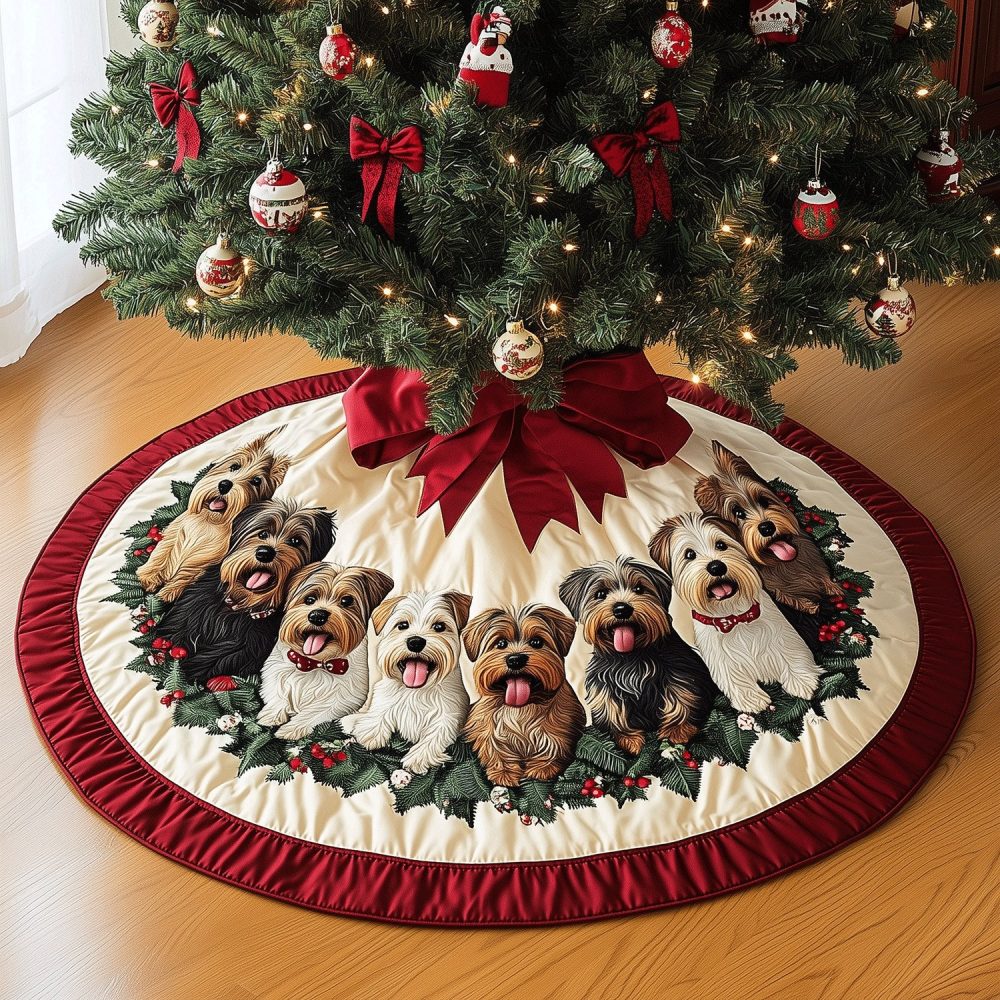 Festive Yorkie Circle Christmas Tree Skirt — Made-To-Order Round Yorkie-Themed Holiday Skirt For Playful, Personalized Seasonal Decor