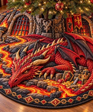 Fire Dungeon Dragon Christmas Tree Skirt — Dramatic Flame Embroidery & Dark Fantasy Design, Custom Handmade Holiday Tree Skirt