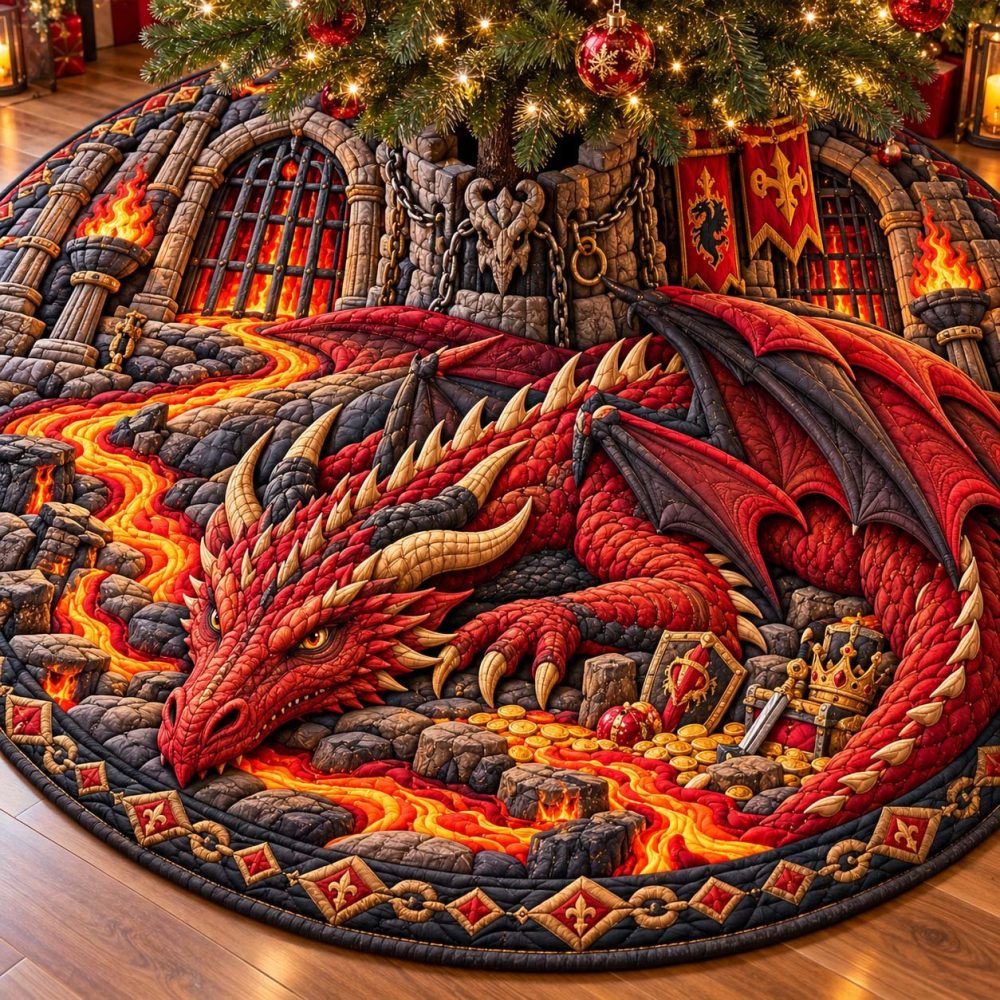Fire Dungeon Dragon Christmas Tree Skirt — Dramatic Flame Embroidery & Dark Fantasy Design, Custom Handmade Holiday Tree Skirt