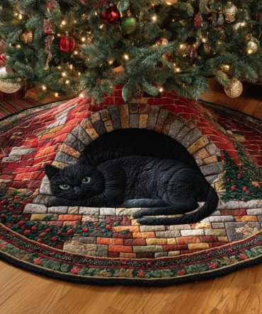 Fireplace Cat Den Christmas Tree Skirt — Made-To-Order Cozy Cat-Themed Holiday Skirt For Pet Lovers & Whimsical Seasonal Decor