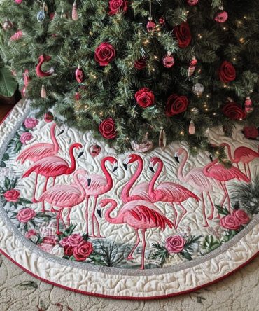 Blissful Flamingo Holiday Tree Skirt — Soft Made-To-Order Christmas Skirt For Elegant Tropical Seasonal Styling & Gift Wrapping