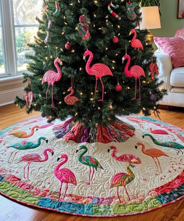 Cheerful Flamingo Holiday Tree Skirt — Handcrafted Made-To-Order Christmas Skirt For Fun, Bright Seasonal Decorating