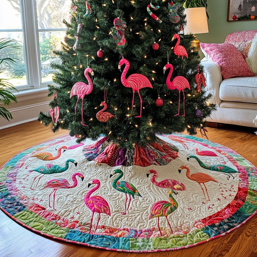 Cheerful Flamingo Holiday Tree Skirt — Handcrafted Made-To-Order Christmas Skirt For Fun, Bright Seasonal Decorating