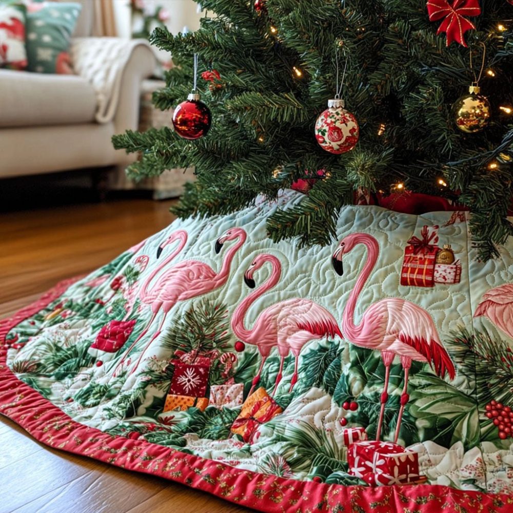 Paradise Flamingo Christmas Tree Skirt — Luxury Made-To-Order Tropical Holiday Skirt For Stylish Seasonal Decorating & Gifts