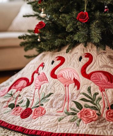 Sunset Flamingo Holiday Tree Skirt — Elegant Made-To-Order Christmas Skirt For Bright, Tropical Home Décor & Special Gifts