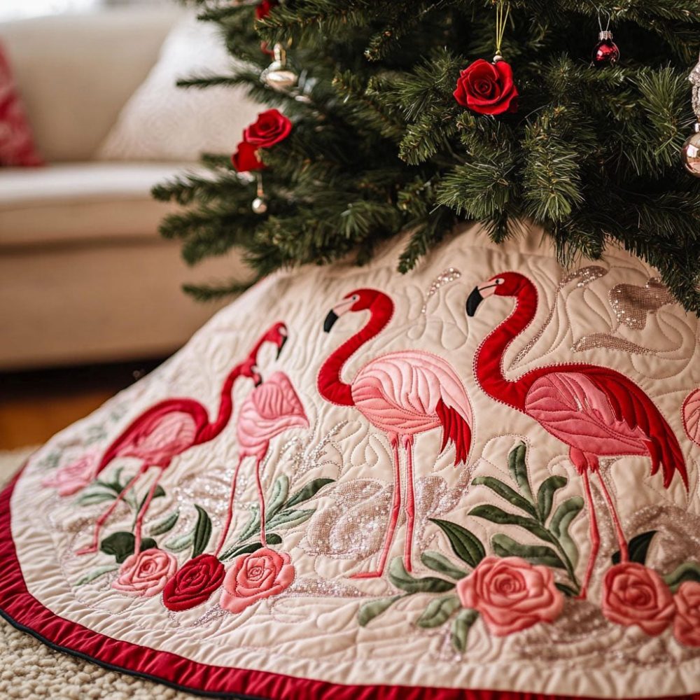 Sunset Flamingo Holiday Tree Skirt — Elegant Made-To-Order Christmas Skirt For Bright, Tropical Home Décor & Special Gifts
