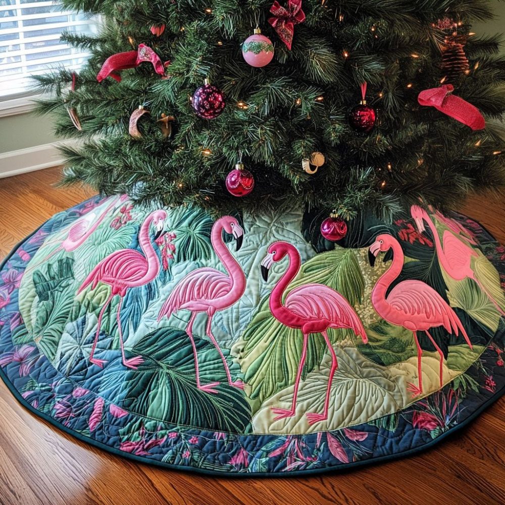 Tropical Flamingo Holiday Christmas Tree Skirt — Plush Made-To-Order Round Skirt For Coastal Festive Home & Gift Appeal