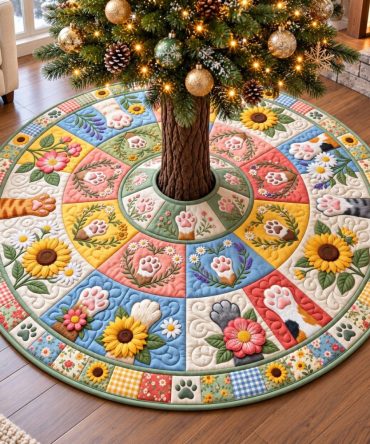 Floral Paws Christmas Tree Skirt - Handmade Pet-Friendly Holiday Skirt With Botanical Prints, Custom Sizes, Perfect Dog Lover Gift