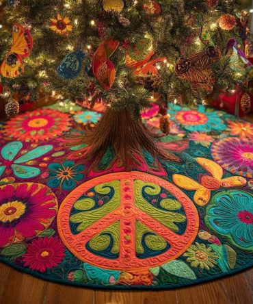Flower Power Peace Christmas Tree Skirt — Retro Floral Holiday Tree Skirt, Bright Boho Seasonal Décor, Custom Handmade Made-To-Order