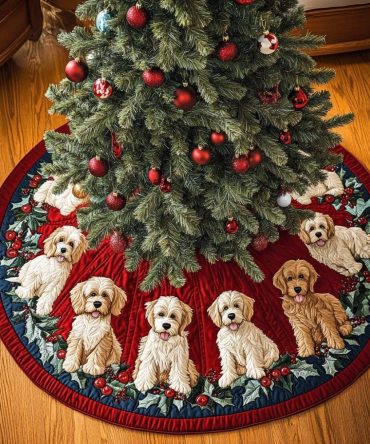 Fluffy Labradoodle Christmas Tree Skirt – Adorable Labradoodle Illustration With Cozy Plush Fabric, Machine-Washable Option, Personalized, Handmade