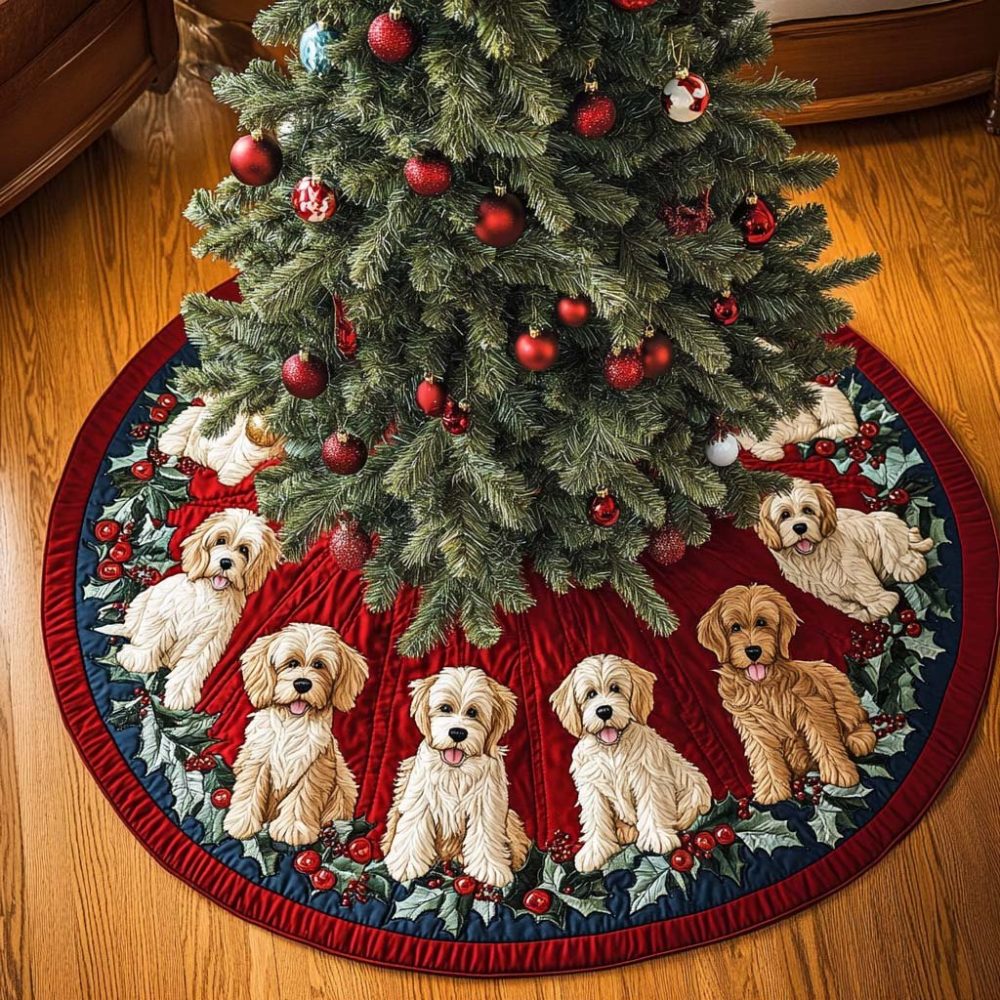 Fluffy Labradoodle Christmas Tree Skirt – Adorable Labradoodle Illustration With Cozy Plush Fabric, Machine-Washable Option, Personalized, Handmade