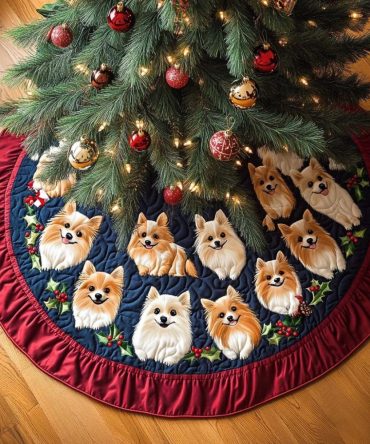 Fluffy Pomeranian Christmas Tree Skirt – Cute Pomeranian Portrait Holiday Skirt, Plush Faux Fur Texture, Personalized Name Embroidery, Handmade Gift