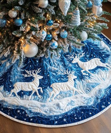 Flying Hooves Christmas Tree Skirt – Dynamic Reindeer Silhouette Design, Modern Rustic Appeal, Heavy-Duty Felt, Custom Sizes, Handmade To Order