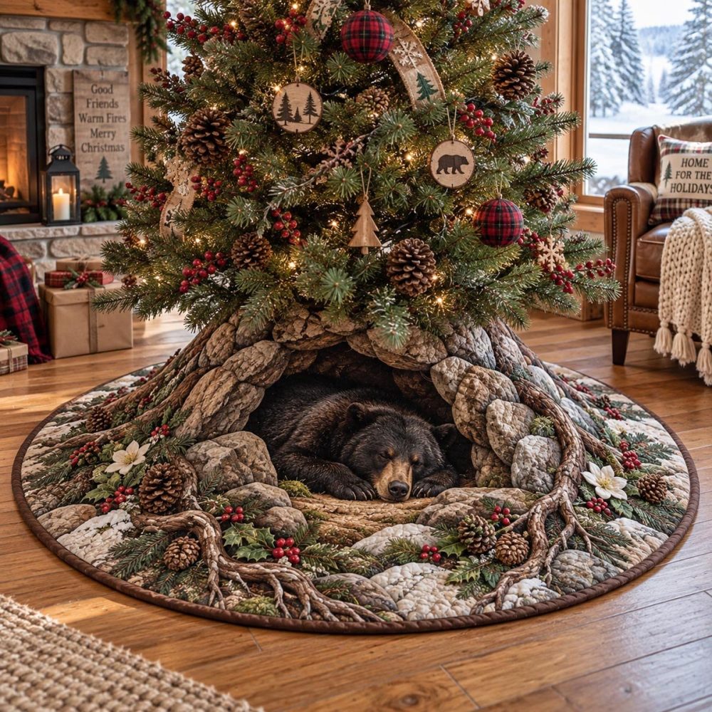 Forest Bear Nest Holiday Tree Skirt — Handmade Woodland Bear Christmas Tree Skirt, Custom Sizes For Cabin & Lodge Decor