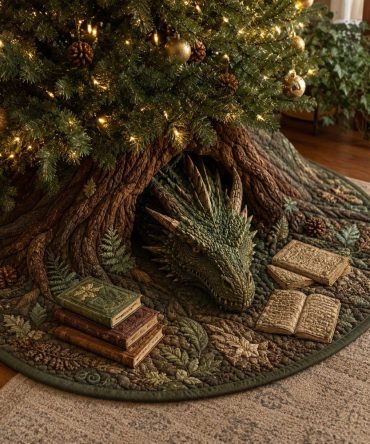 Storybook Forest Book Dragon Christmas Tree Skirt – Fantasy Dragon & Forest Print, Kid-Friendly Holiday Decor, Personalized Name Option, Handmade