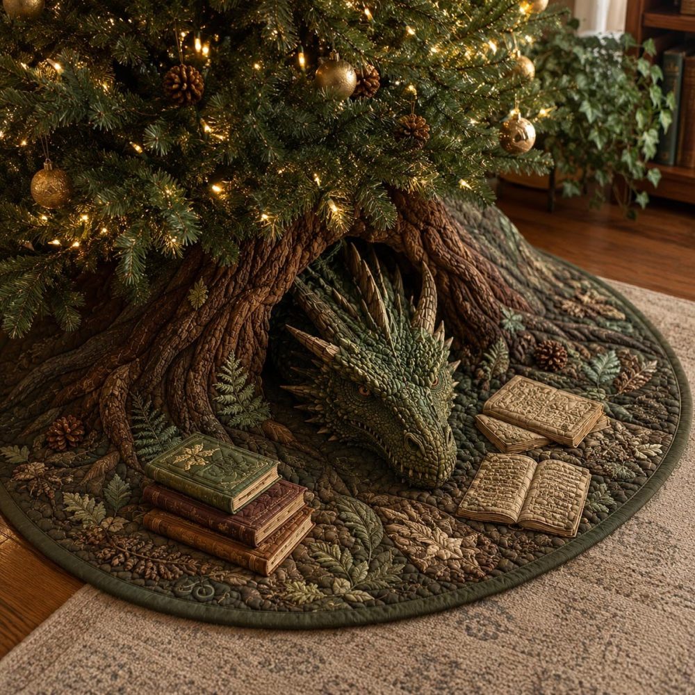 Storybook Forest Book Dragon Christmas Tree Skirt – Fantasy Dragon & Forest Print, Kid-Friendly Holiday Decor, Personalized Name Option, Handmade