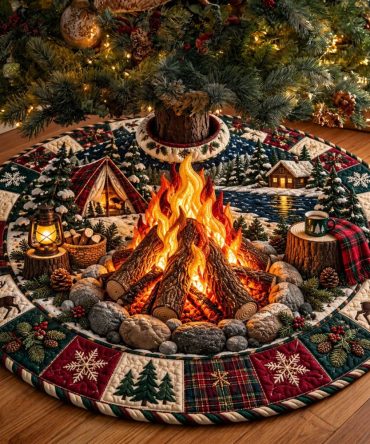 Forest Campfire Cozy Tree Skirt — Made-To-Order Rustic Campfire & Pine Scene, Plush Lined Holiday Base Cover With Personalization