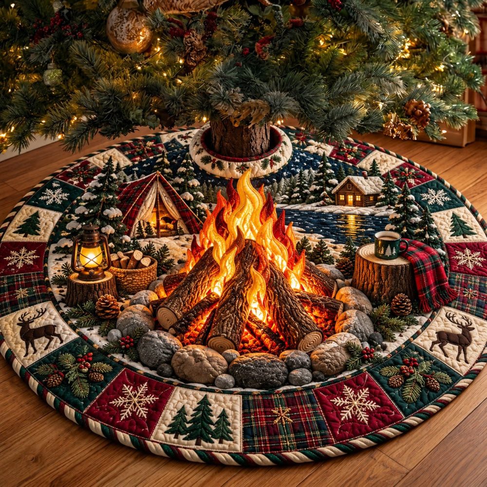 Forest Campfire Cozy Tree Skirt — Made-To-Order Rustic Campfire & Pine Scene, Plush Lined Holiday Base Cover With Personalization