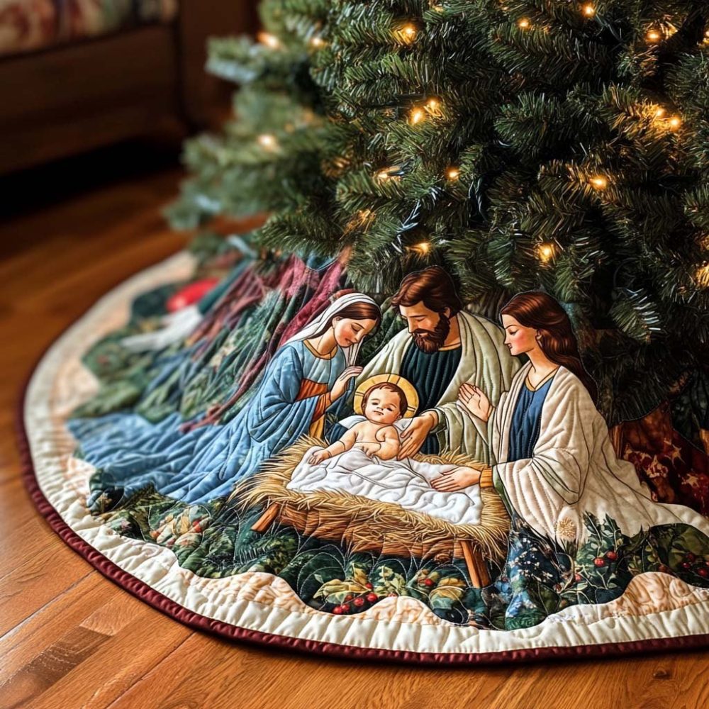Forest Carol Christmas Tree Skirt – Musical Woodland Choir Design With Embroidered Accents, Soft Backing, Custom Diameter, Handmade To Order