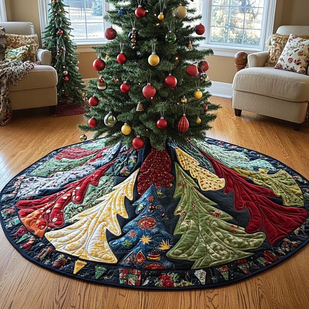 Rainbow Fan Panel Holiday Tree Skirt - Made-To-Order Vibrant Patchwork Christmas Skirt, Colorful Seasonal Floor Cover