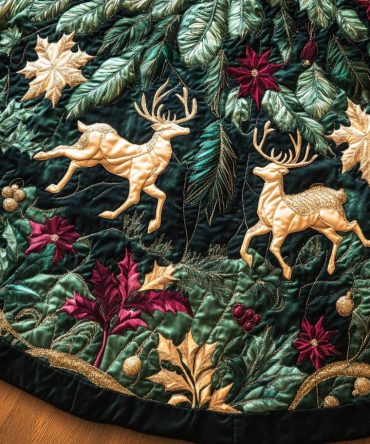 Golden Reindeer In The Pines Tree Skirt - Made-To-Order Luxurious Christmas Floor Skirt With Metallic Accents, Festive Classic